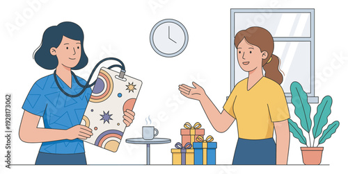 Two friendly female colleagues cheerfully interacting in an office, one holding a decorated badge while the other gestures towards a table with gifts, celebrating a special occasion
