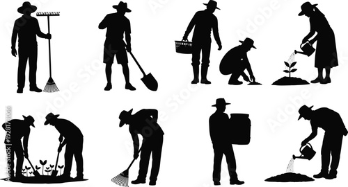 Silhouette Collection of Farmers Gardening, Raking, Digging, Planting and Watering Crops, Black Vector Illustration of Agricultural Work, Rural Farming Activities and Sustainable Cultivation