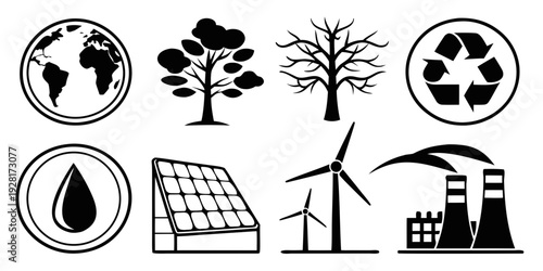 Icons representing various aspects of environmental sustainability and renewable energy Vector