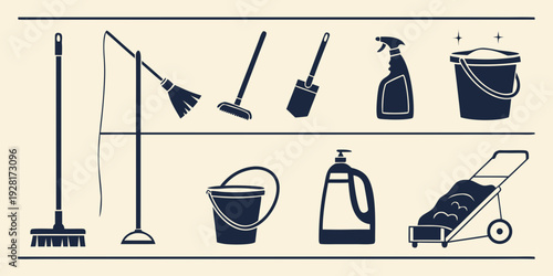 A variety of gardening tools and equipment neatly arranged on a shelf. Vector