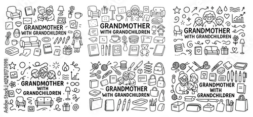 Grandmother with grandchildren illustration set