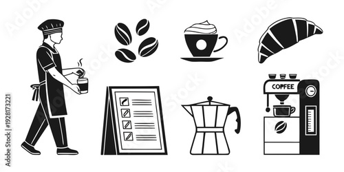 A barista preparing coffee with various coffee making equipment and ingredients. Vector