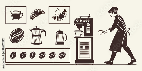 A person walking with a dog and various kitchen appliances and food items around them Vector