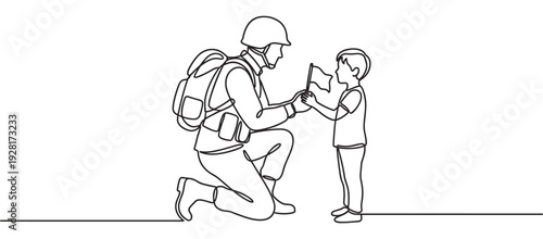 Continuous one line drawing of a soldier in uniform kneeling before a small child holding a flag, a minimalist illustration of patriotism, family, and service