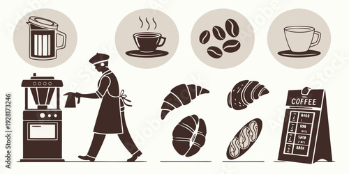 A man in a suit with a briefcase surrounded by various food items. Vector