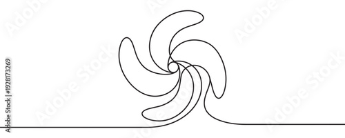 Stylized pinwheel with five curved blades drawn in a continuous single line, creating a minimalist and abstract symbol of rotation, motion, and airflow