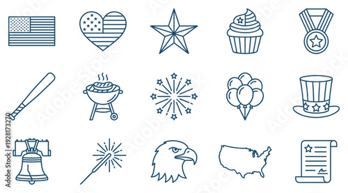 Set of patriotic national holiday icons featuring a flag, star, eagle, fireworks, and barbecue grill, all rendered in a clean and minimal blue outline vector style