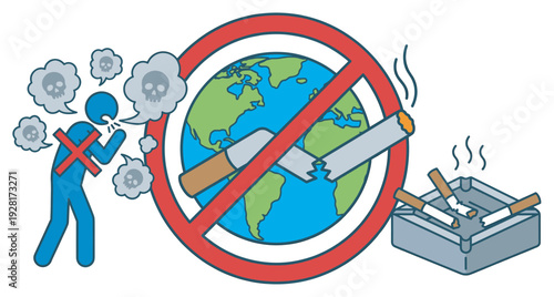 Global anti-smoking concept illustration showing a broken cigarette over the planet, a coughing person with skull smoke, and an ashtray with extinguished butts