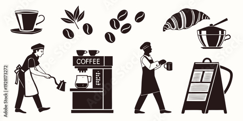 A barista preparing various coffee beverages in a modern coffee shop Vector