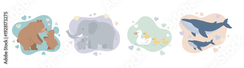 Charming set of cute animal families including a bear, elephant, duck, and whale with their babies in a lovely flat cartoon style with pastel hearts