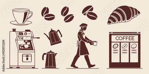 A man is walking with a coffee cup in his hand, surrounded by coffee-related items. Vector
