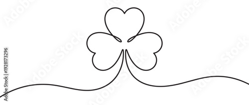 Three-leaf clover shamrock drawn with a single continuous black line in a minimalist art style, featuring elegant curves and heart-shaped leaves for a simple design