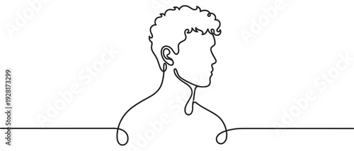 Continuous one line drawing of a young man's profile with curly hair, a minimalist and modern artistic illustration of a human face and shoulders