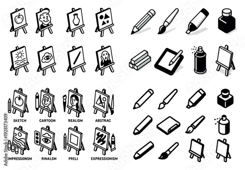 Art styles and tools icons collection