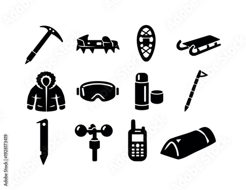 Solid vector icons of polar outdoor adventure: ice axe, crampon, snowshoe, sled, parka, goggles, thermos, crevasse probe, snow