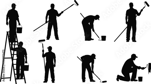 Professional painter and decorator silhouette collection using roller, brush, ladder, and paint bucket isolated on white background for home renovation concepts