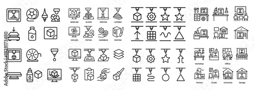 3d printing process line icons set