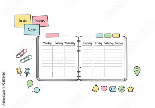 Open weekly planner spread, tabbed notebook pages, paper clips and sticky notes, small reminder icons for Minimalist stationery