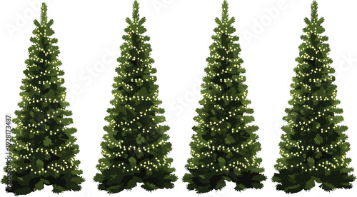 Set of realistic decorated Christmas pine trees with glowing string lights isolated on white background festive winter holiday vector illustration