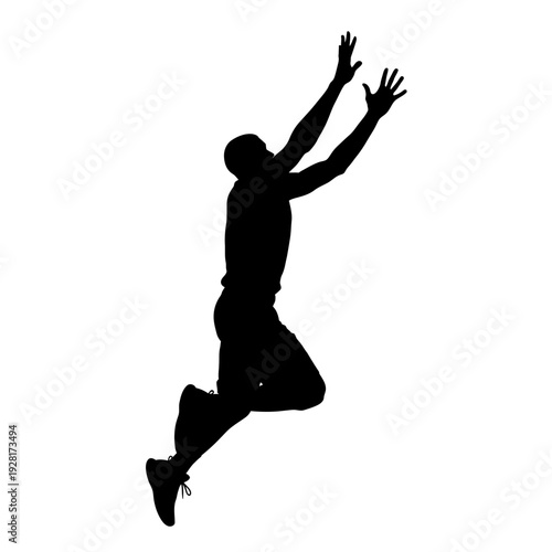 Silhouette of a man jumping high in the air, reaching upwards.