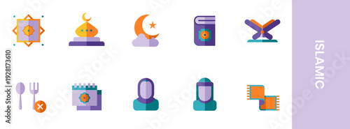 Flat colorful Islamic icon set featuring mosque, crescent moon, Quran, prayer, fasting, hijab, and halal symbols for Ramadan, Eid, and Muslim lifestyle concepts.
