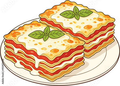 Cheesy Lasagna Cartoon Vector Illustration – Two Slices of Italian Baked Pasta with Melted Mozzarella, Tomato Sauce Layers and Fresh Basil on White Plate