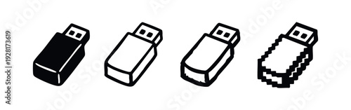 Isometric USB Flash Drive Icons Set - Data Storage Device Symbols in Various Styles