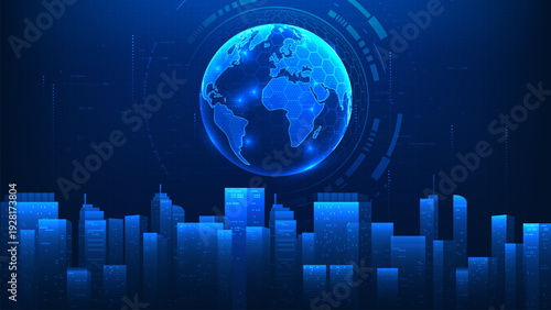 Smart city technology background featuring a global sphere at the center of a modern city with circular, representing urban innovation, digital infrastructure, IoT connectivity, smart city development