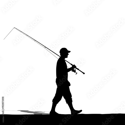 Silhouette of a man walking with a fishing rod on his shoulder.