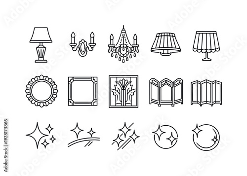 Line style vector icons of deco interior revival: lamp, sconce, chandelier, shade; mirror, frame, panel, screen; polish, shine,