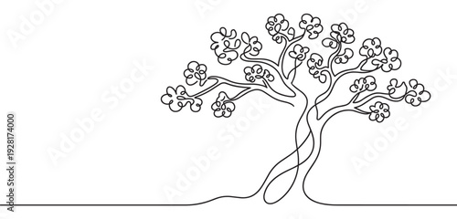 Stylized tree drawn with a single continuous black line, featuring an elegant intertwined trunk and abstract loopy foliage in a minimalist, graphic illustration style