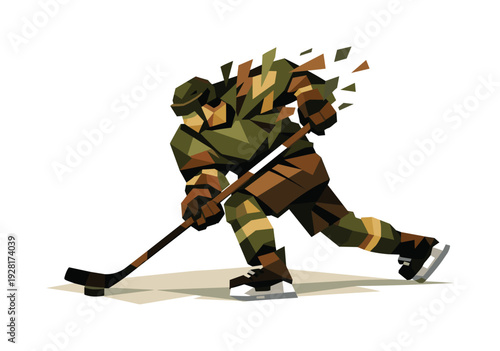 Low-poly vector illustration of a hockey player at peak slapshot tension just before puck contact, extreme angular torso twist