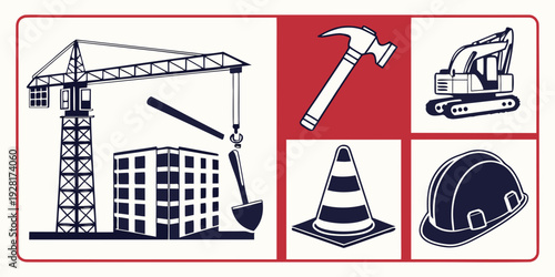 Construction equipment and tools arranged in a grid pattern with a red background Vector