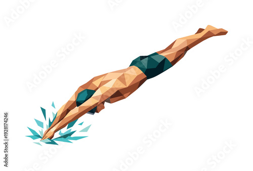 Low-poly vector illustration of a swimmer captured at the exact moment of dive entry, full-body athlete with sharply faceted
