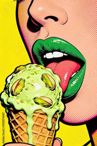Pop Art Lips Licking Pistachio Ice Cream, Vibrant Retro Background, Summer Food Wallpaper