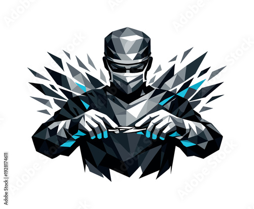 Low-poly vector illustration of a surgeon achieving a flawless precision move, hands completing the action with exact alignment,