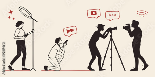 A group of people engaged in a film production process involving cameras and lighting equipment. Vector