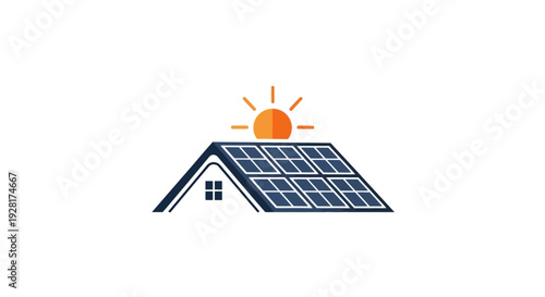 Solar Panels on House Roof with Sun.