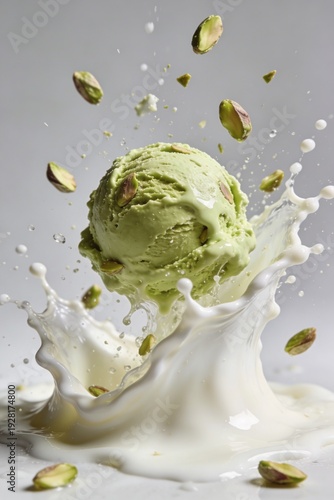 Dynamic Pistachio Ice Cream Splash, Refreshing Dessert Background, Food Wallpaper