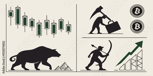 Bear market and bull market with people climbing a mountain and a bear walking Vector