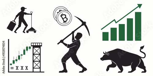 Illustrations of economic growth, job creation, and financial investment Vector