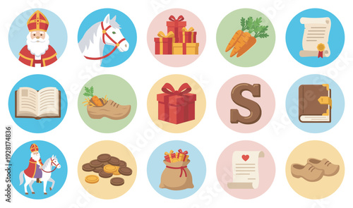 Collection of Sinterklaas holiday celebration icons in a flat vector style, featuring traditional symbols like the bishop, white horse, gifts, wooden shoe, carrots, and chocolate letter