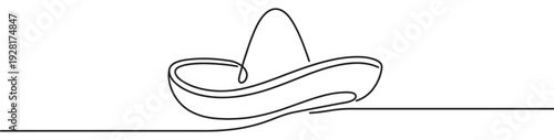 Traditional sombrero hat drawn in a continuous single line style, creating a minimalist and elegant black and white illustration of classic cultural headwear