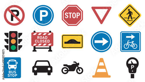 Collection of various traffic signs and road icons including stop, parking, pedestrian crossing, traffic light, and vehicle symbols in a flat vector illustration style for driving safety