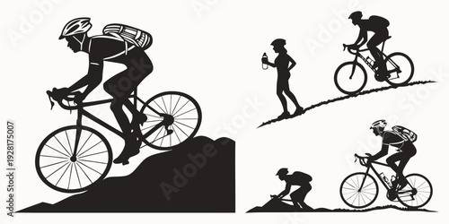 Cyclists demonstrating various riding techniques on a challenging terrain Vector
