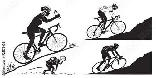 Cyclists navigating a steep incline with various techniques and equipment Vector