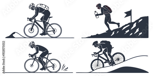 Cyclists demonstrating various techniques and overcoming challenging obstacles. Vector