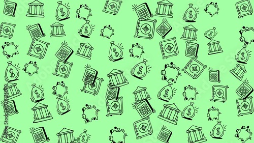 Bank icons, money bags, and dollar sign icons scattered randomly. Suitable for financial presentations, business websites, and investment blogs.