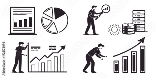 Illustrations of people working with graphs, charts, and financial data Vector