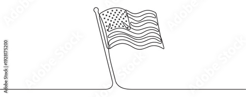 National flag with stars and stripes drawn in a continuous single line art style, waving on a flagpole, representing patriotism and national pride in a minimalist black outline